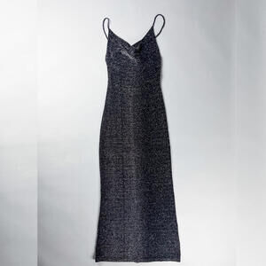 Y2K Evening Dress, Black & Silver Metallic Shimmer Slip Dress, Cowl Neck